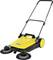 Yellow sweeper with two rotating brushes at the front, black handle, and wheels. Designed for efficient sweeping of large areas.