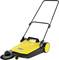 Yellow and black manual sweeper with handle and rotating side brush, designed for efficient floor sweeping.