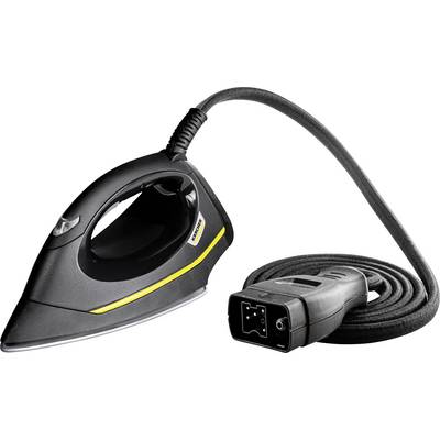 A black steam iron with an angled handle and yellow accent lines. A long power cable is attached to the back.