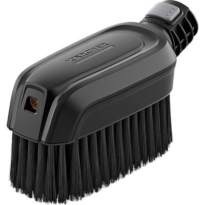 A black cleaning brush with dense bristles and an ergonomic handle, suitable for thorough dirt removal.