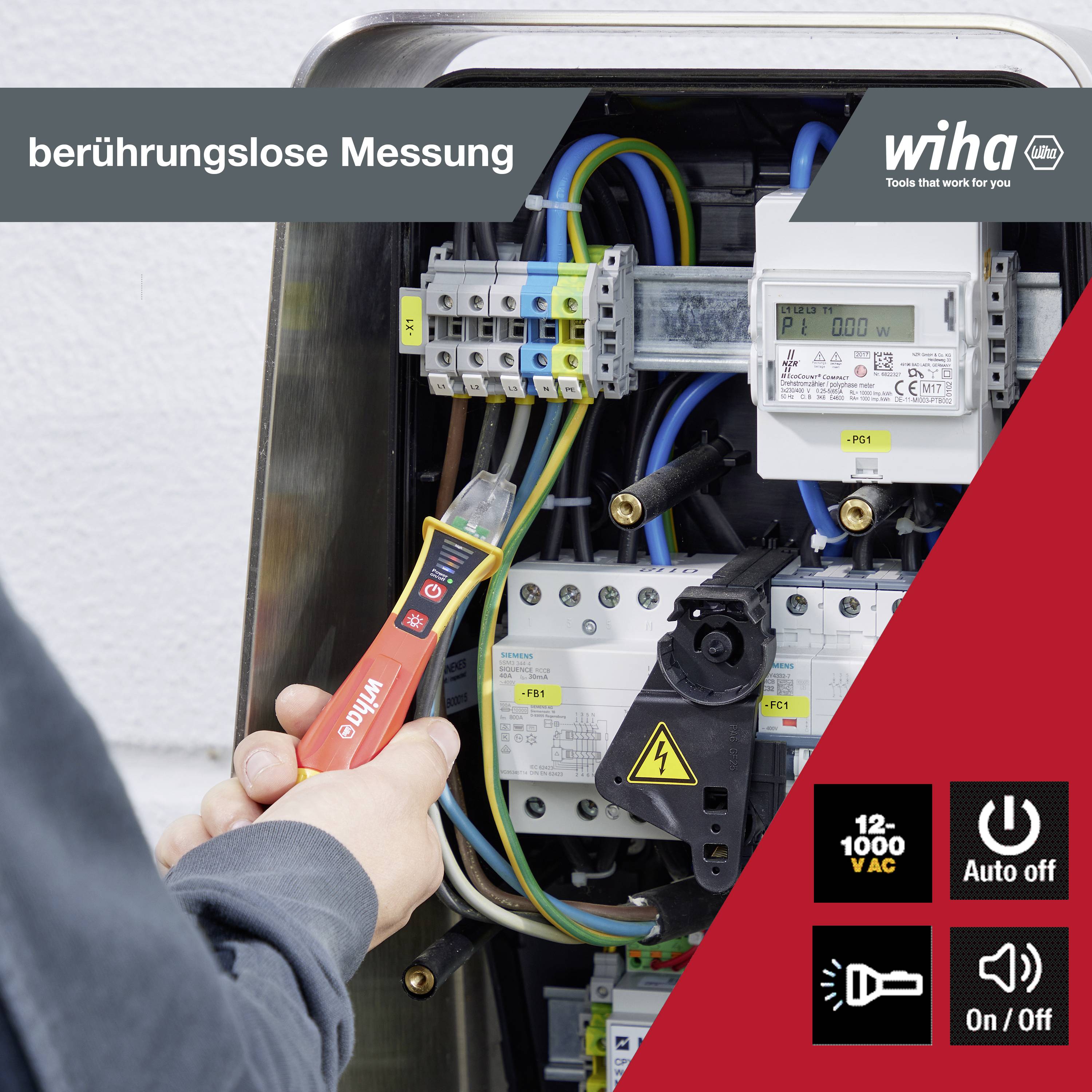 An electrician performs a non-contact measurement on an open fuse box. The display shows 12-1000 VAC.