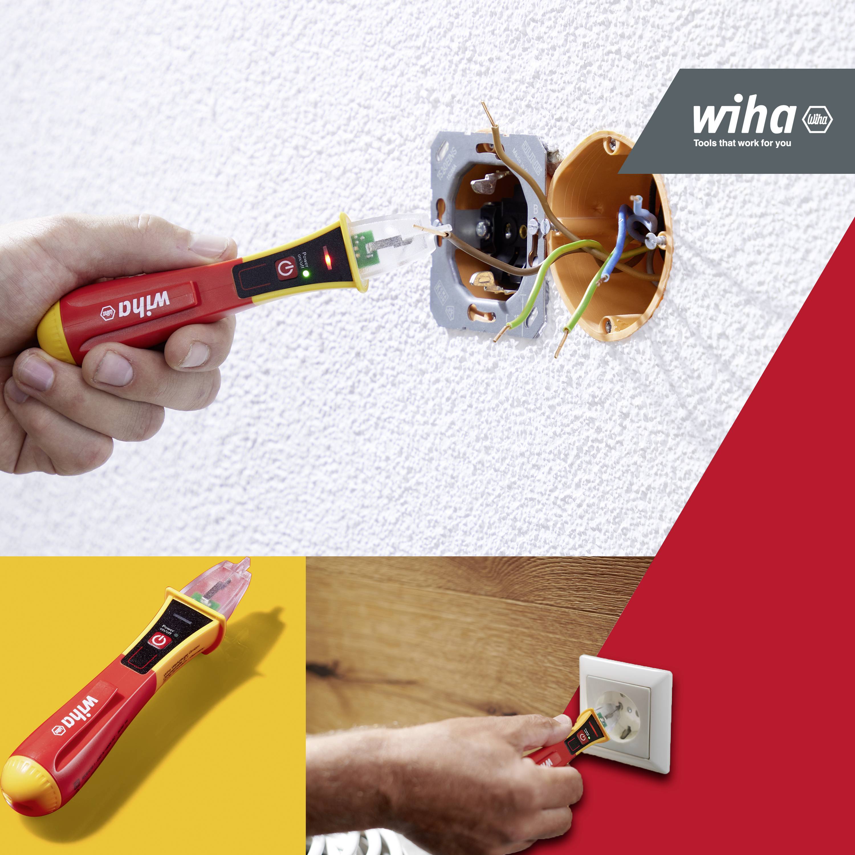 A person is checking the wiring in an open socket with an electronic voltage tester. Bottom left, the same tester is shown in an active and inactive state.