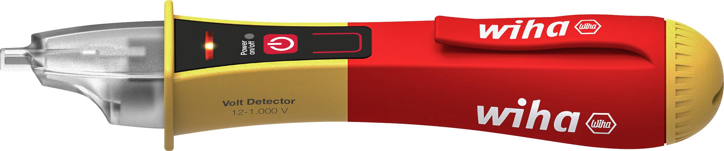 A Wiha voltage tester with a red handle, yellow tip and black display shows 'Volt Detector 100-1000 V'.
