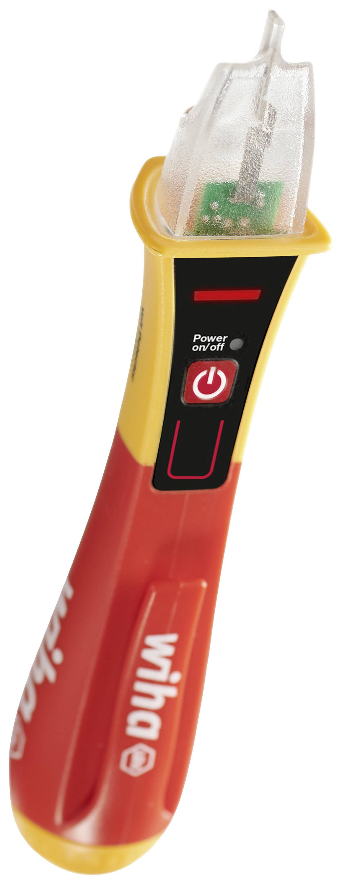 A red voltage tester with a yellow handle and black display. Display elements are illuminated, indicating operational readiness.