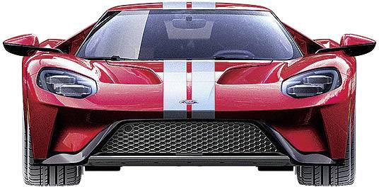 A red sports car with white stripes, viewed from the front. The car has aerodynamic shapes and large headlights.