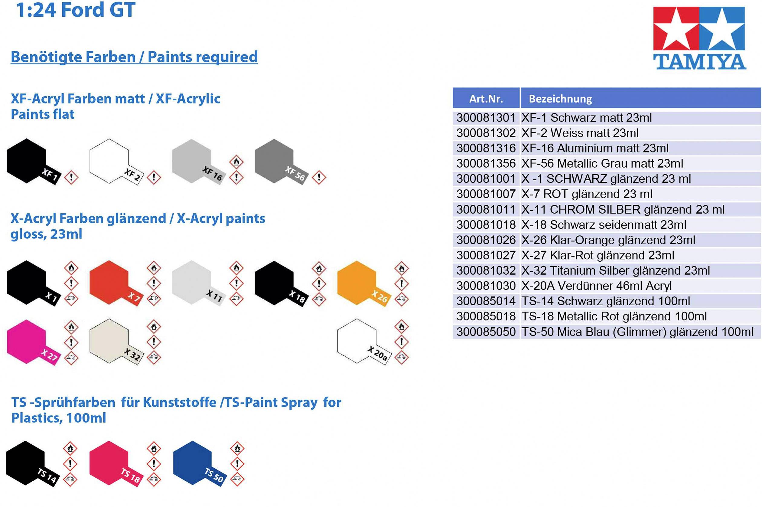 'Tamiya Paints for 1:24 Ford GT Model: Matte and gloss acrylic paints and spray paints, with colour and article numbers.'
