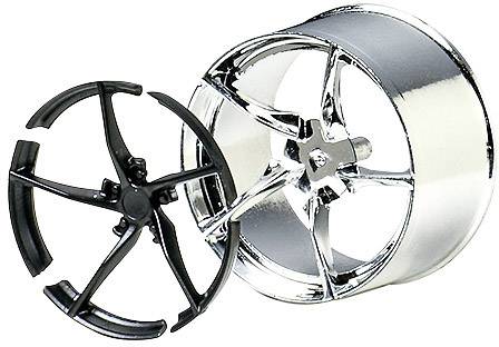 Two car wheel rims, one black and one with a silvery sheen, positioned side by side on a white background.