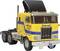 A yellow lorry with blue stripes and the inscription 'Globe Liner' on the side. The lorry has a black cab cover.