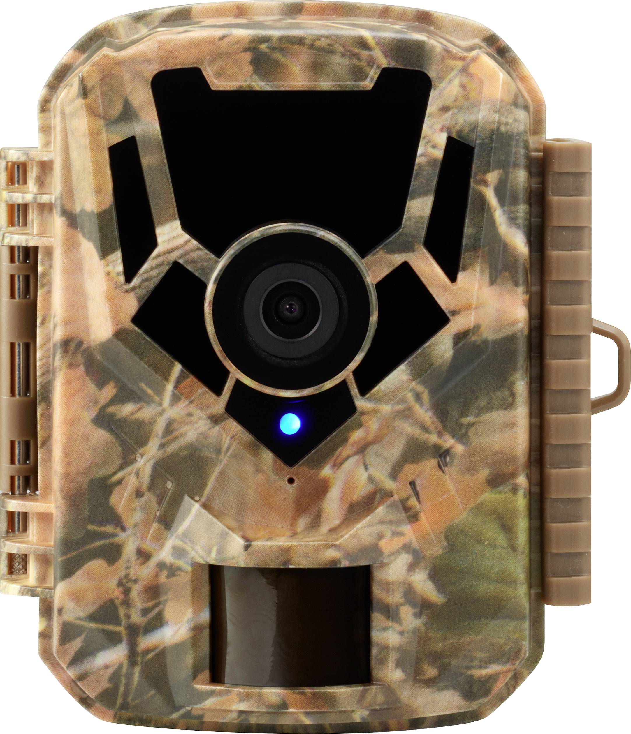 The image depicts a camouflaged wildlife camera in brown and green camouflage colours, with a central lens and a blue LED light beneath it.