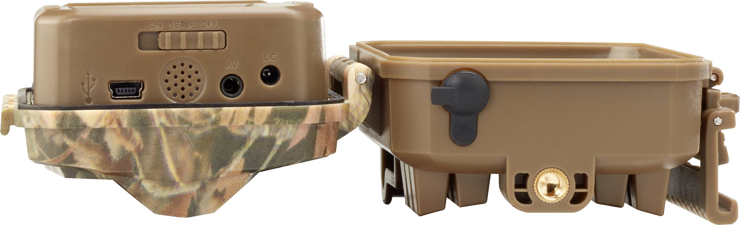 Two trail cameras in camouflage colours, one showing the front with lens, the other showing the back with various ports.