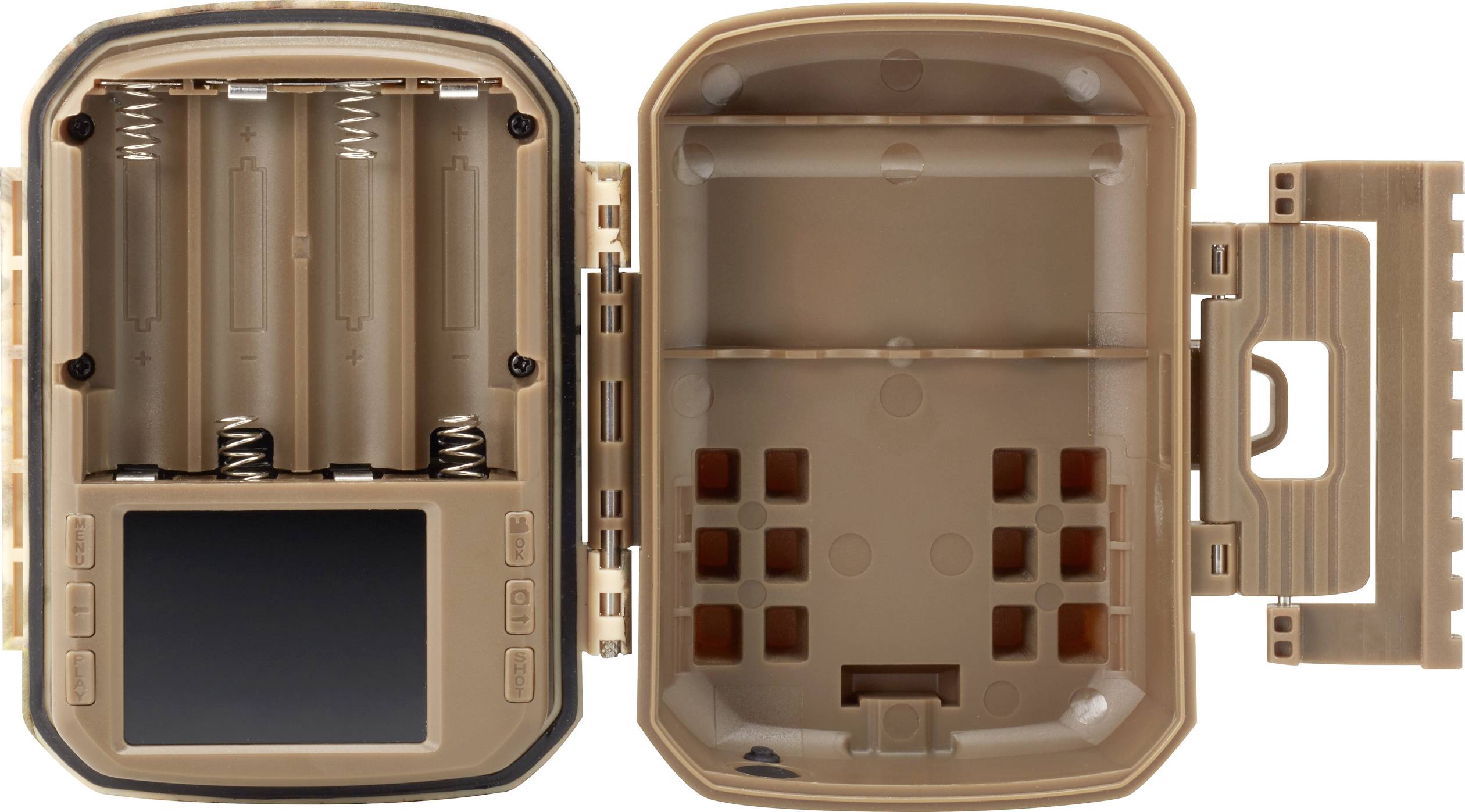 Opened brown trail camera housing with battery compartments and small display on the left side.