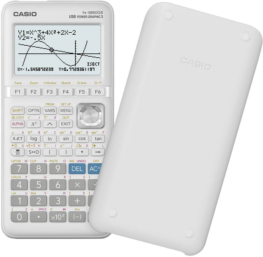 Casio graphic calculator with a graph displayed on the screen. An extendable protective cover lies beside it.