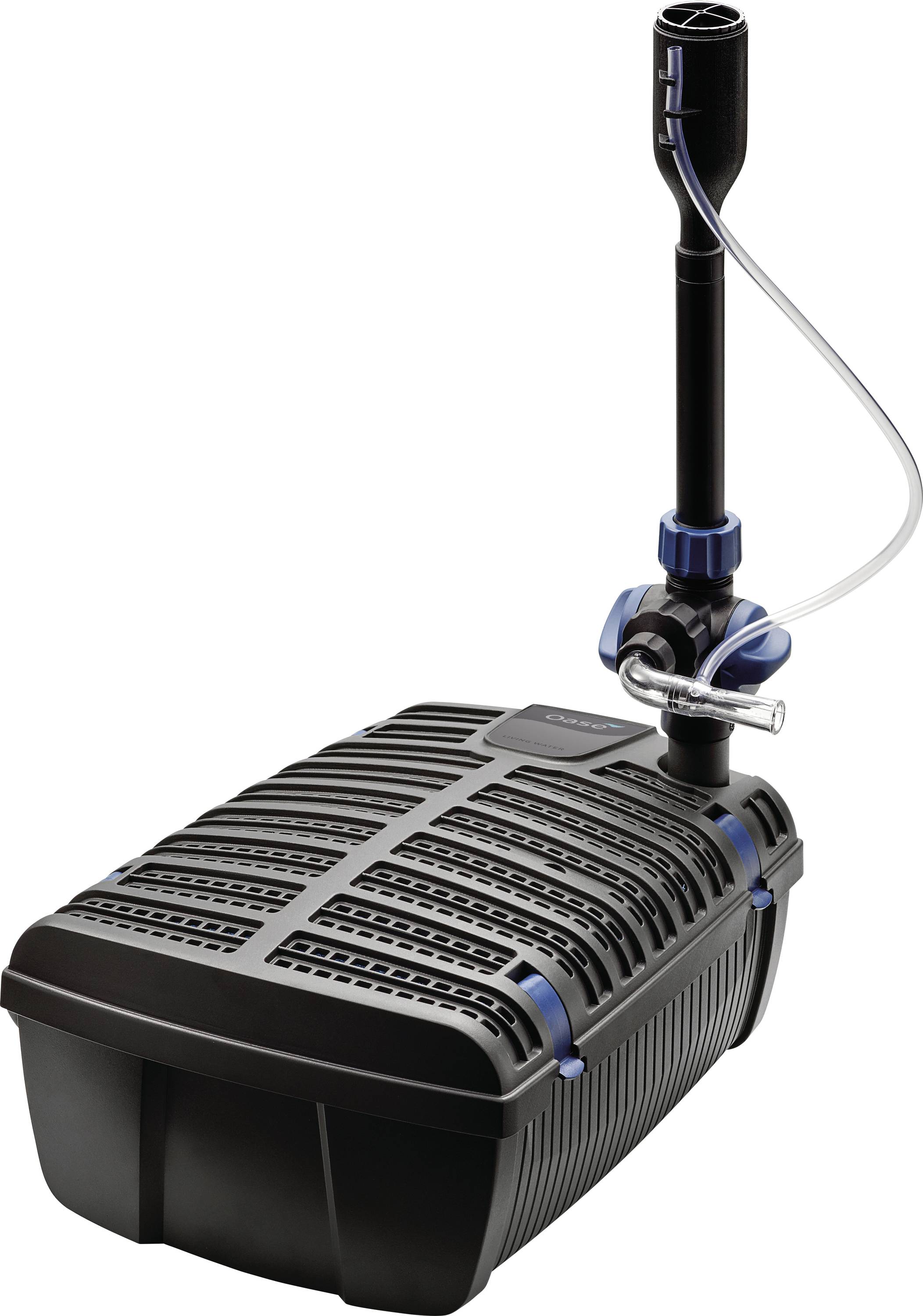 'A black pond filter with a vertical pipe attachment, designed for water filtration in outdoor ponds, showcasing its compact and modern design.'