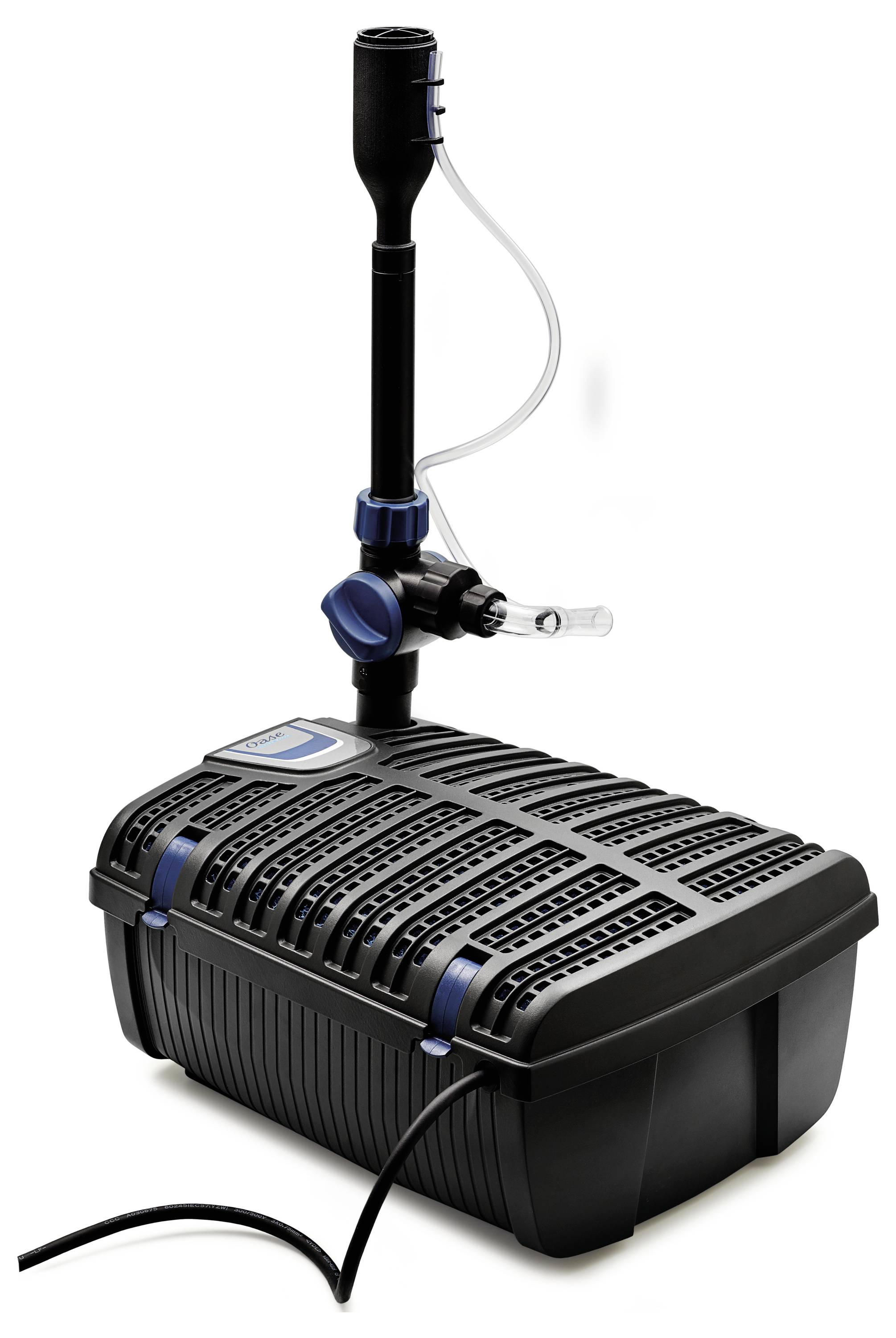 A black and blue pond filter with a vertical pipe and a control valve, designed for water filtration in garden ponds or aquariums.