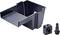 Black plastic component with three parts: a large rectangular container, a block with a hole, and a nozzle adapter.