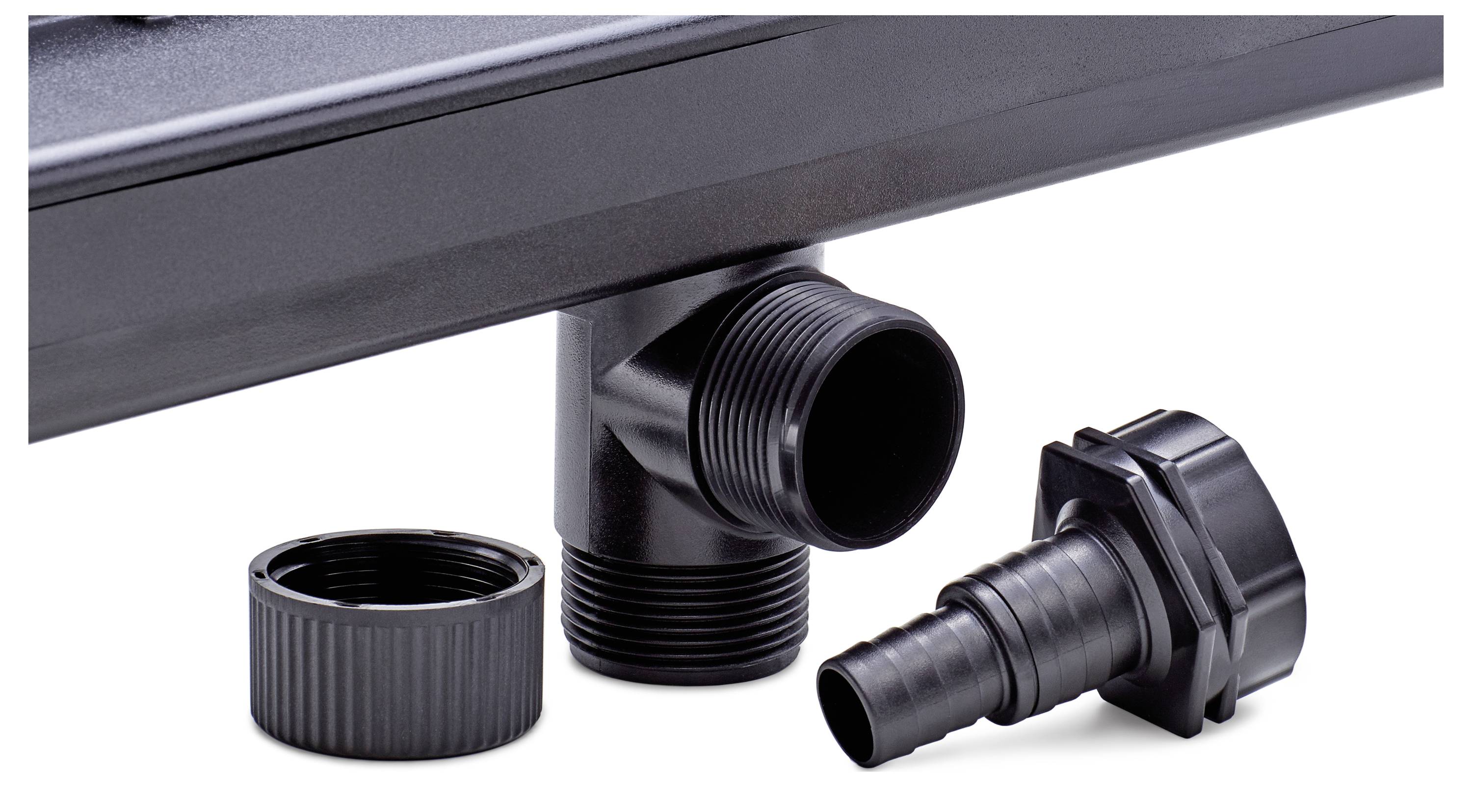 Close-up of a black plastic plumbing pipe with threaded connectors and two detachable caps, displayed against a white background.