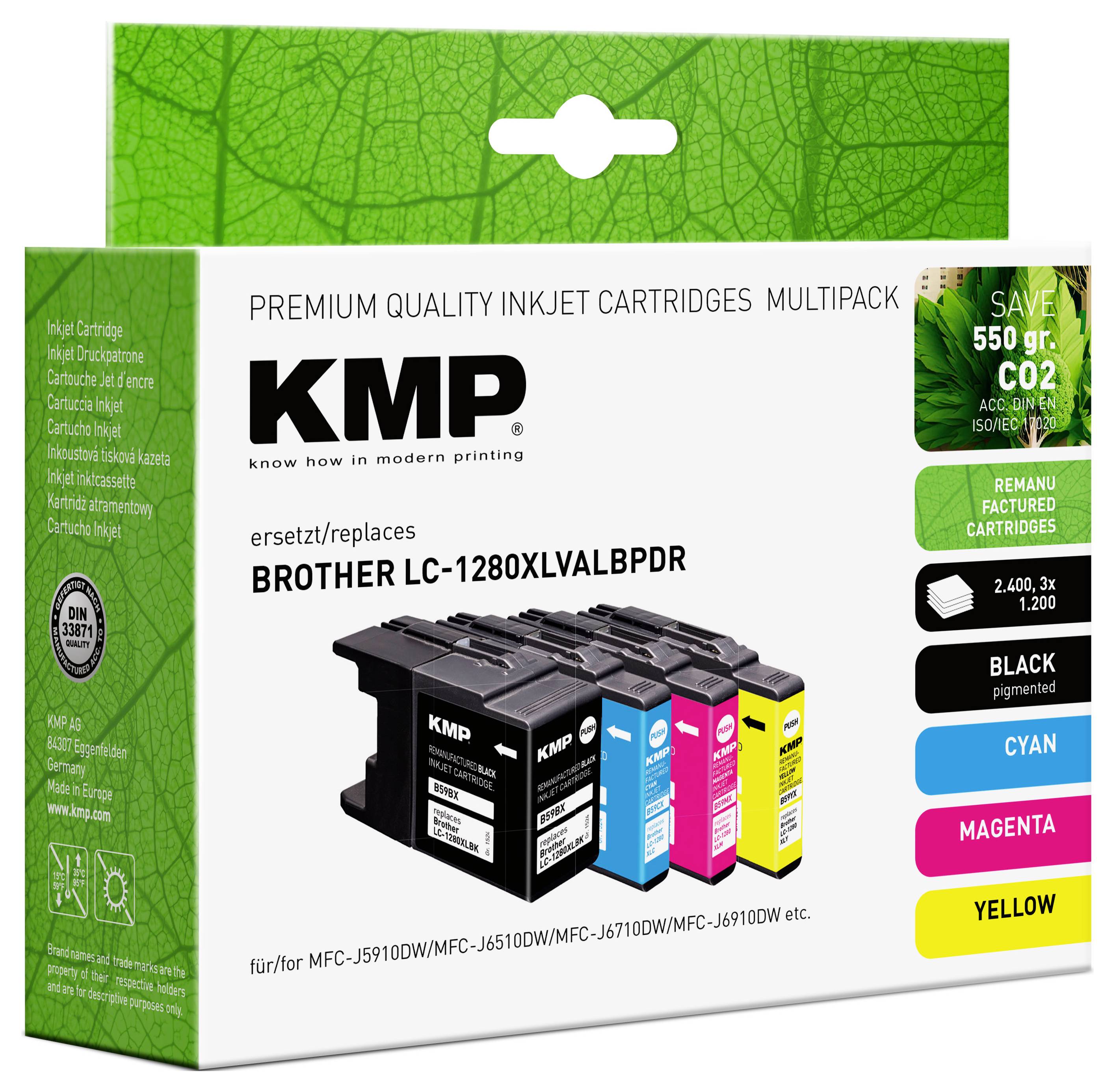 'KMP multipack ink cartridges for Brother LC-1280XLVALBPDR printers, includes black, cyan, magenta, and yellow, eco-friendly packaging.'