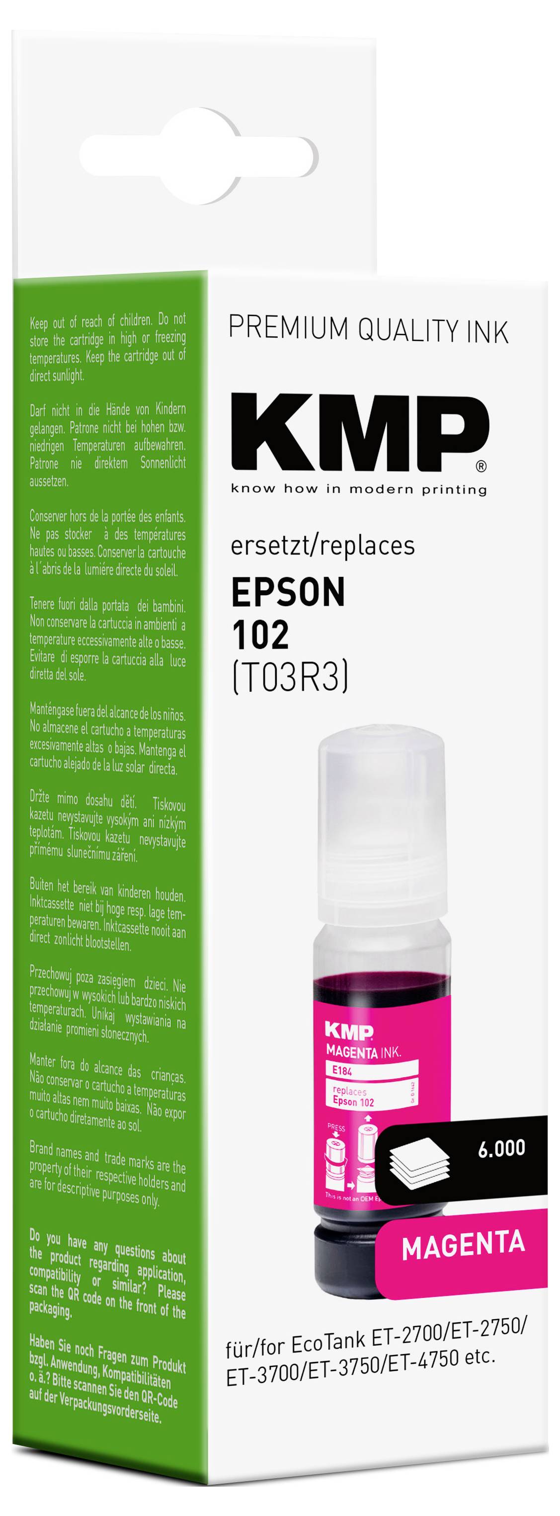 Magenta ink bottle for Epson printers, 6,000 pages capacity. Labeled 'KMP', compatible with EcoTank ET-2700, ET-2750, ET-3700, ET-3750, ET-4750.