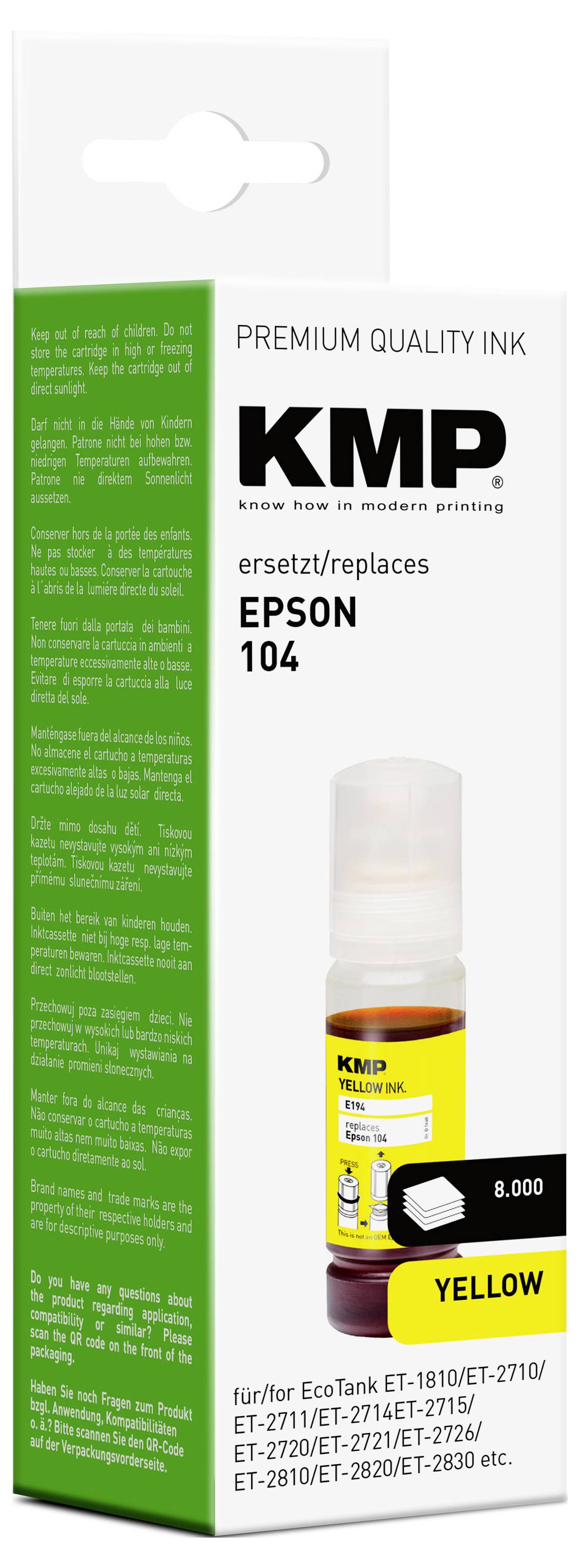A yellow ink bottle for Epson 104, compatible with specific EcoTank models, offering a yield of 8,000 pages, shown in product packaging.