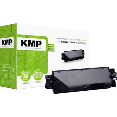 A black KMP toner cartridge for KYOCERA printers, displayed in front of a green packaging with company logo and compatibility details.