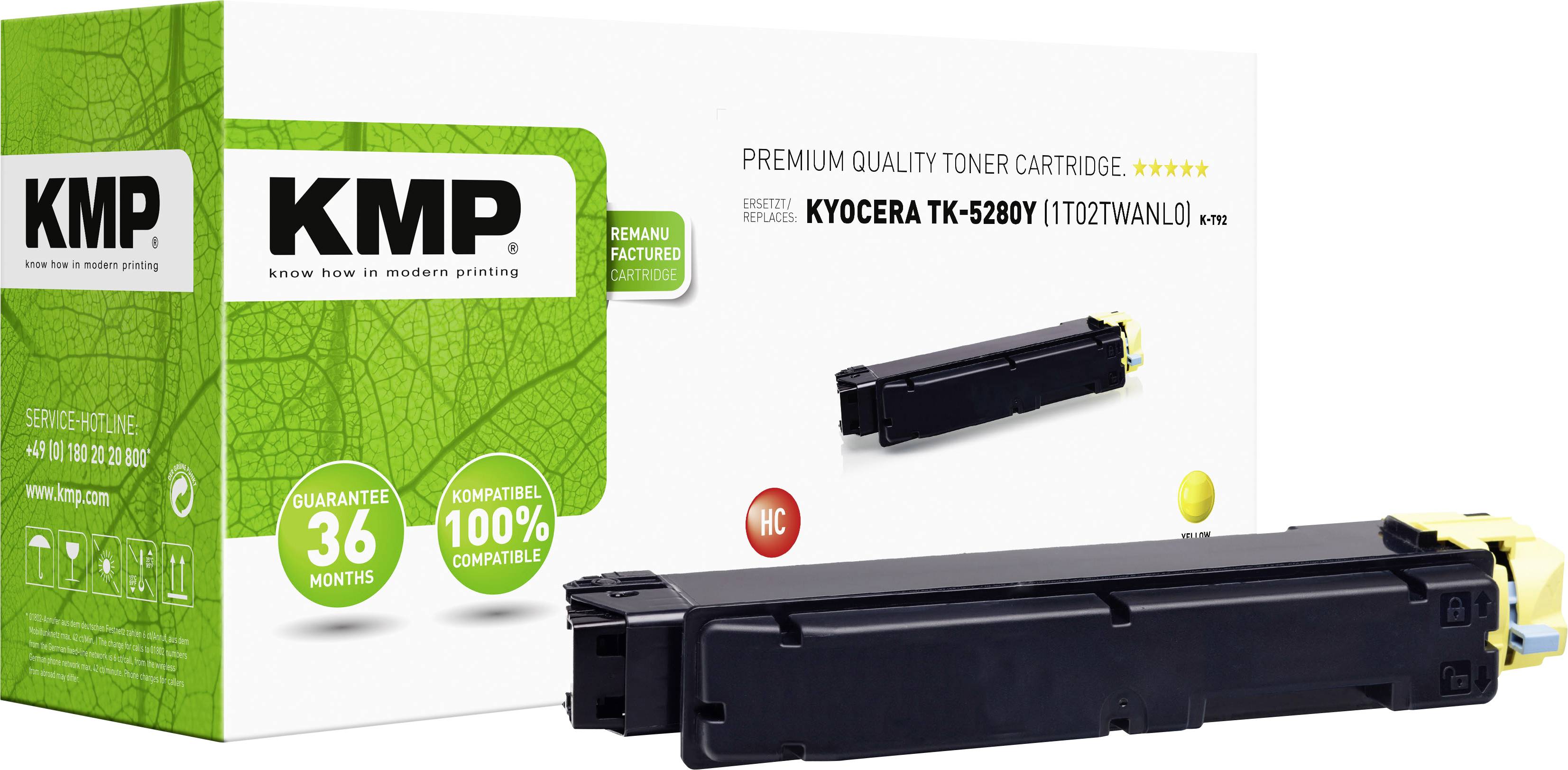 KMP toner cartridge TK-5280Y for Kyocera printers, 100% compatible, capacity for 11,000 pages. Includes product preview on the packaging.
