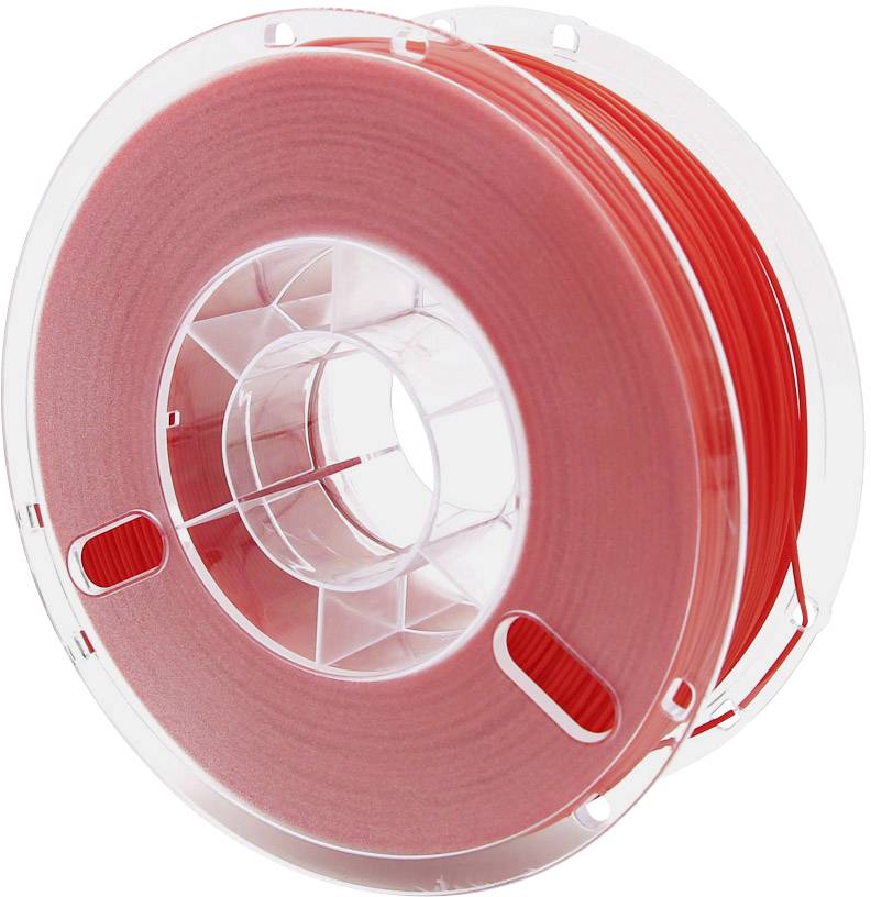 Roll of red 3D printing filament made of plastic, suitable for 3D printers. Clear plastic surrounds the spool for material visibility.
