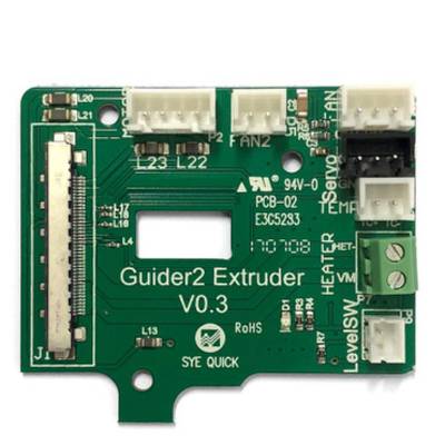 Green electronic circuit board with multiple connector points and labels such as 'Guider2 Extruder V0.3' and 'RoHS'.