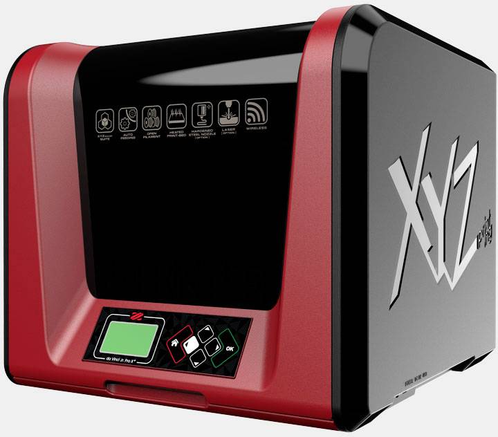 A 3D printer with a black and red casing, displaying control elements on the front panel and the lettering 'XYZ' on the side.