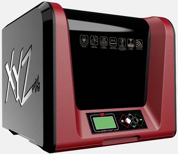 A black and red 3D printer with 'XYZ Printing' written on it and several symbols on the front.