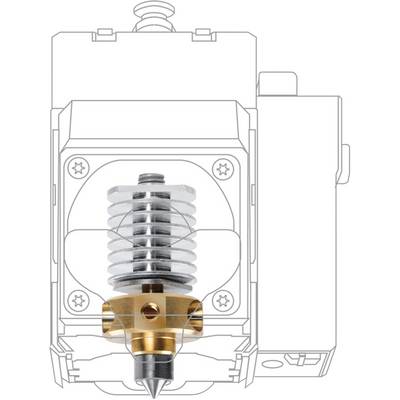 Drawing of a 3D printer extruder, showing details such as heat block, nozzle, and heatsink. Technical components visible in cross-section.