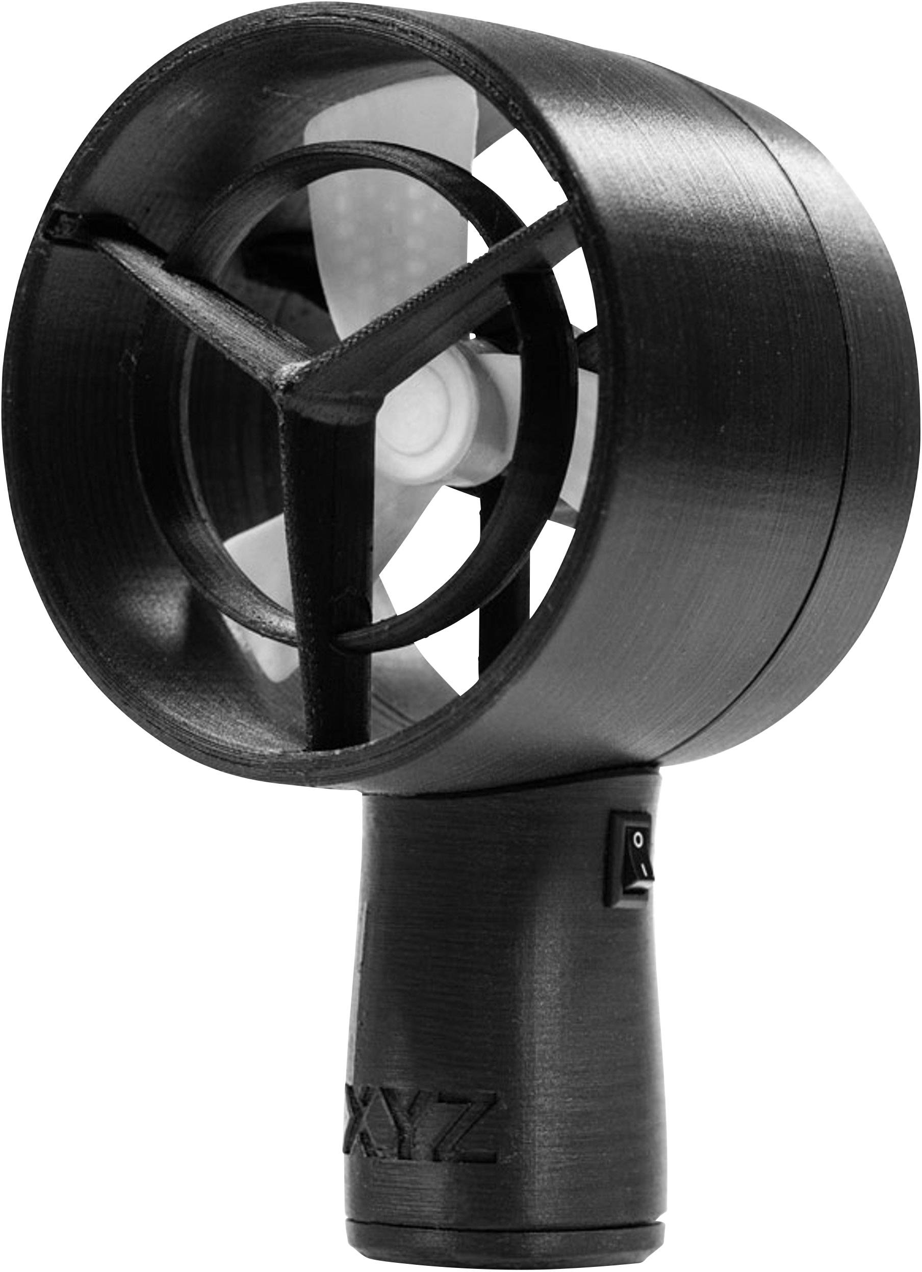 A black, portable fan with a protective housing and an on/off switch, suitable for mobile use.