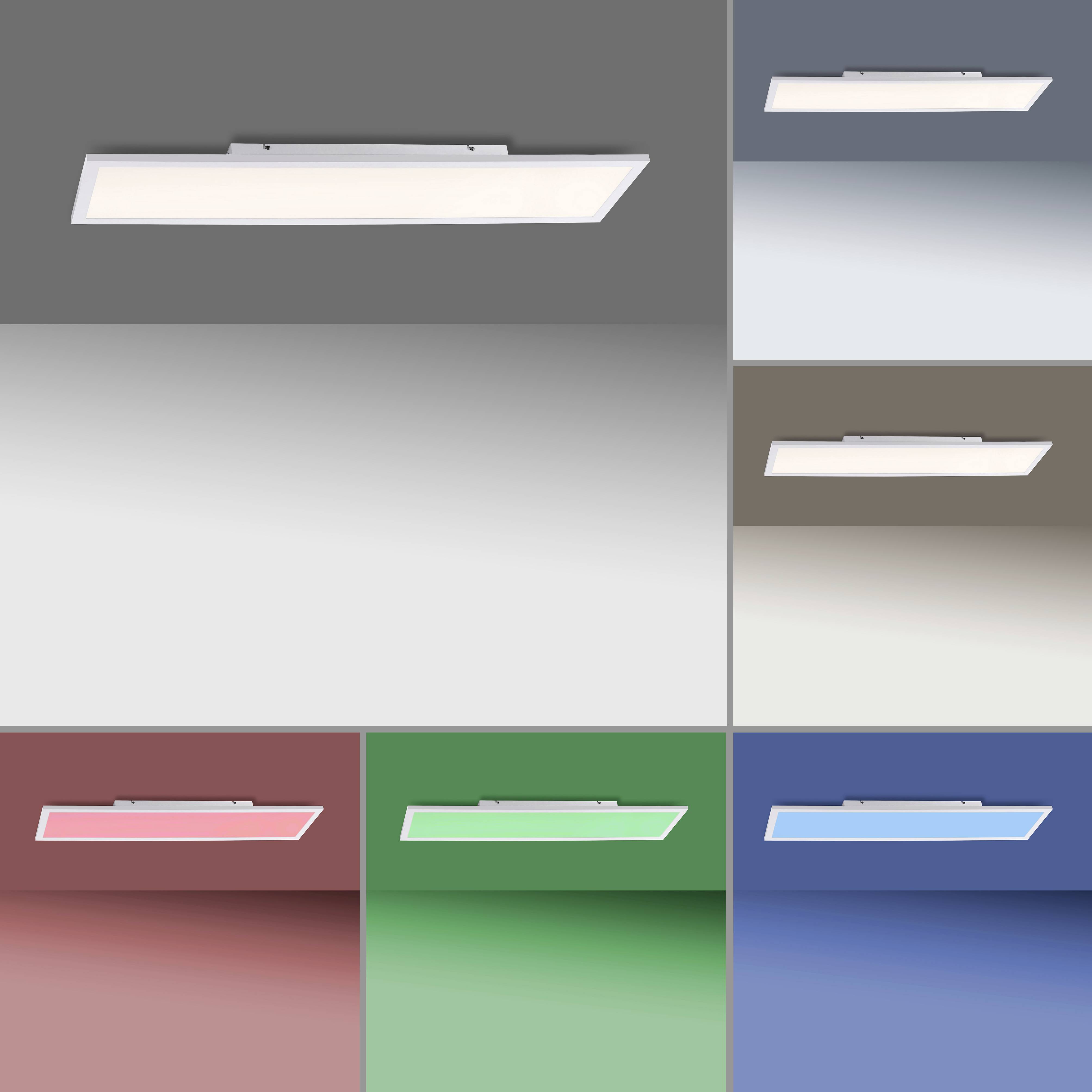 Six multi-coloured rectangular LED ceiling lights: grey, blue, red, green, blue and white, against matching coloured backgrounds.