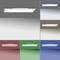 Six multi-coloured rectangular LED ceiling lights: grey, blue, red, green, blue and white, against matching coloured backgrounds.