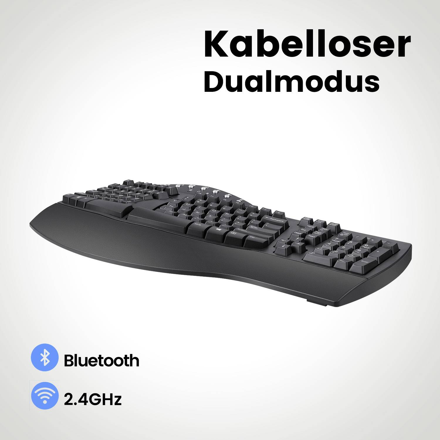 Black wireless keyboard with dual mode, supporting Bluetooth and 2.4GHz.