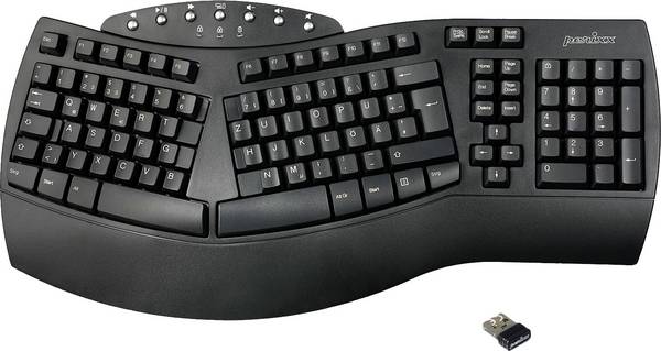 Perixx PERIBOARD-612BDE Bluetooth® Keyboard German, QWERTZ Black Ergonomic, Gel wrist support mat, Multimedia buttons