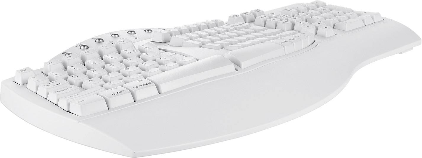 Ergonomic keyboard with a curved design and split keyfield to support a natural hand and arm posture.