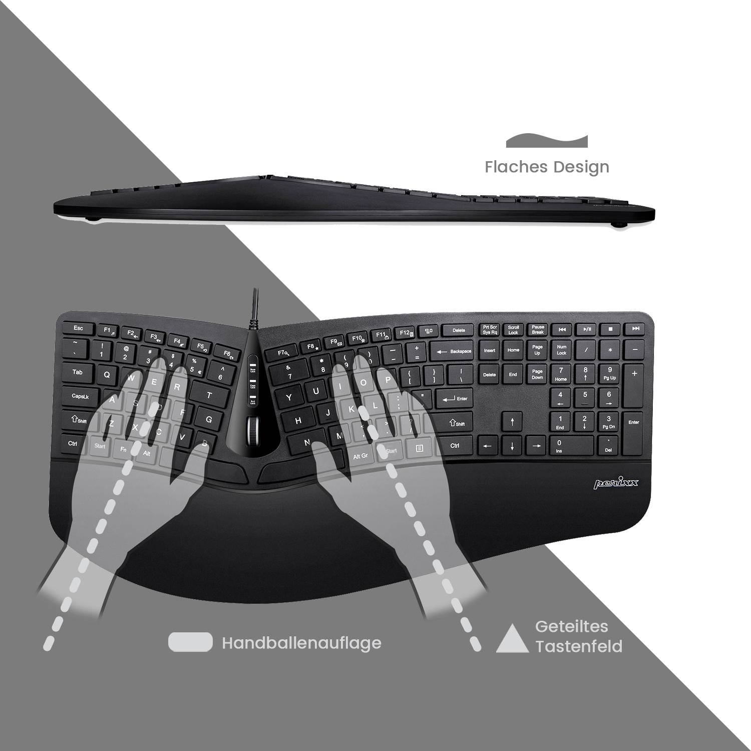Ergonomic keyboard with split keyfield and slim design. Demonstrates hand positioning on wrist rest for comfort.