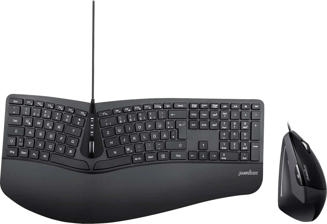 Perixx PERIDUO-505BDE USB Keyboard and mouse set German, QWERTZ Black Ergonomic, Gel wrist support mat, Multimedia buttons