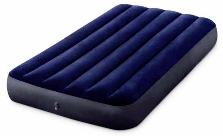 Inflatable Mattress in Navy Blue with Built-in Pump, Suitable for Camping or Guest Accommodation.