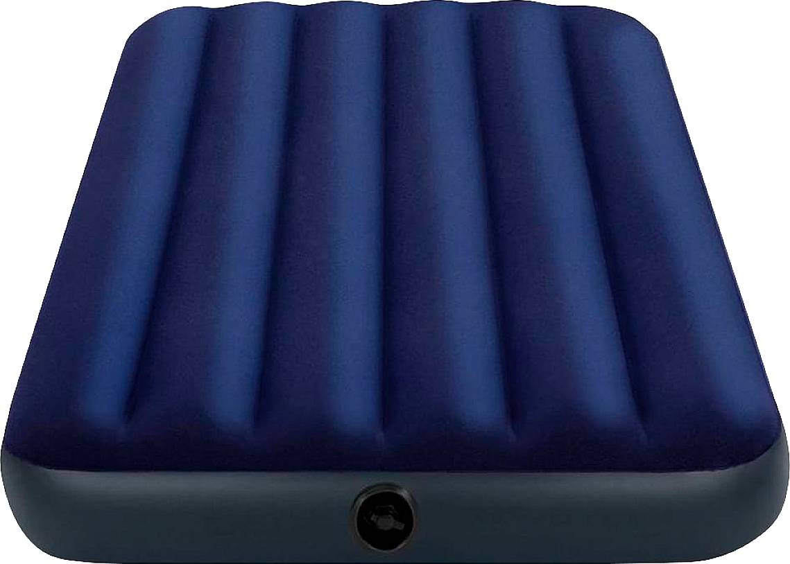 Dark blue air mattress with ribbed pattern, suitable for indoor and outdoor use.