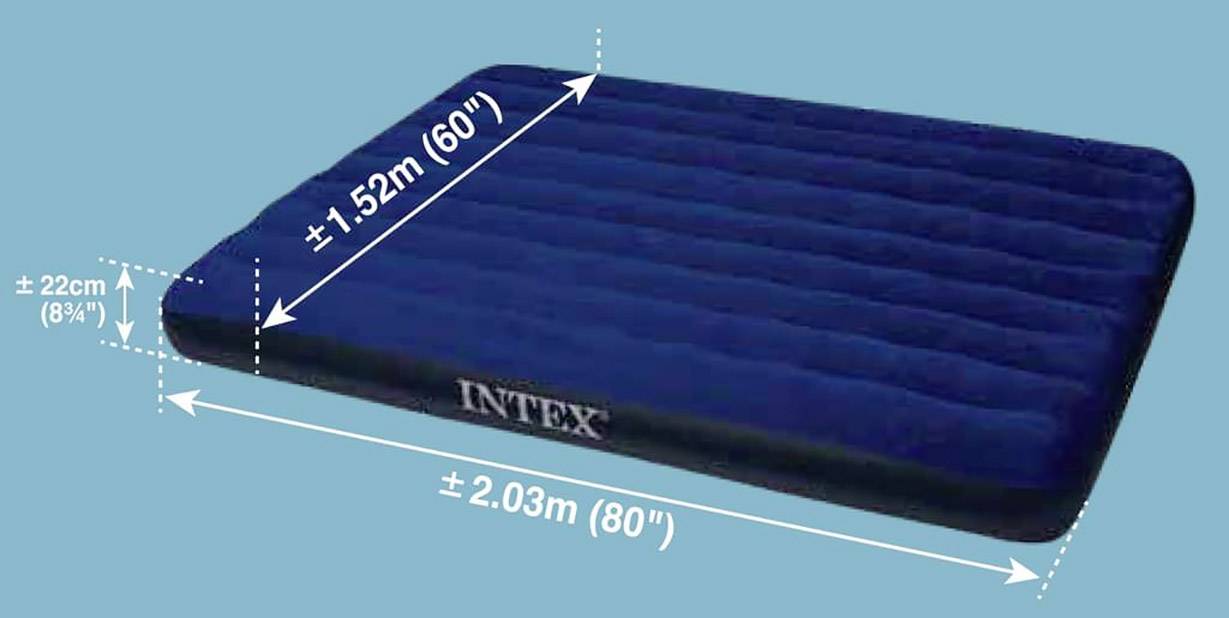 Blue air mattress with dimensions: Width 1.52 m, Length 2.03 m, Height 22 cm, Brand 'Intex'.