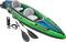Inflatable green kayak with two seats and paddles. 'Challenger' model name visible at the front. Includes a pump. Ideal for two people.