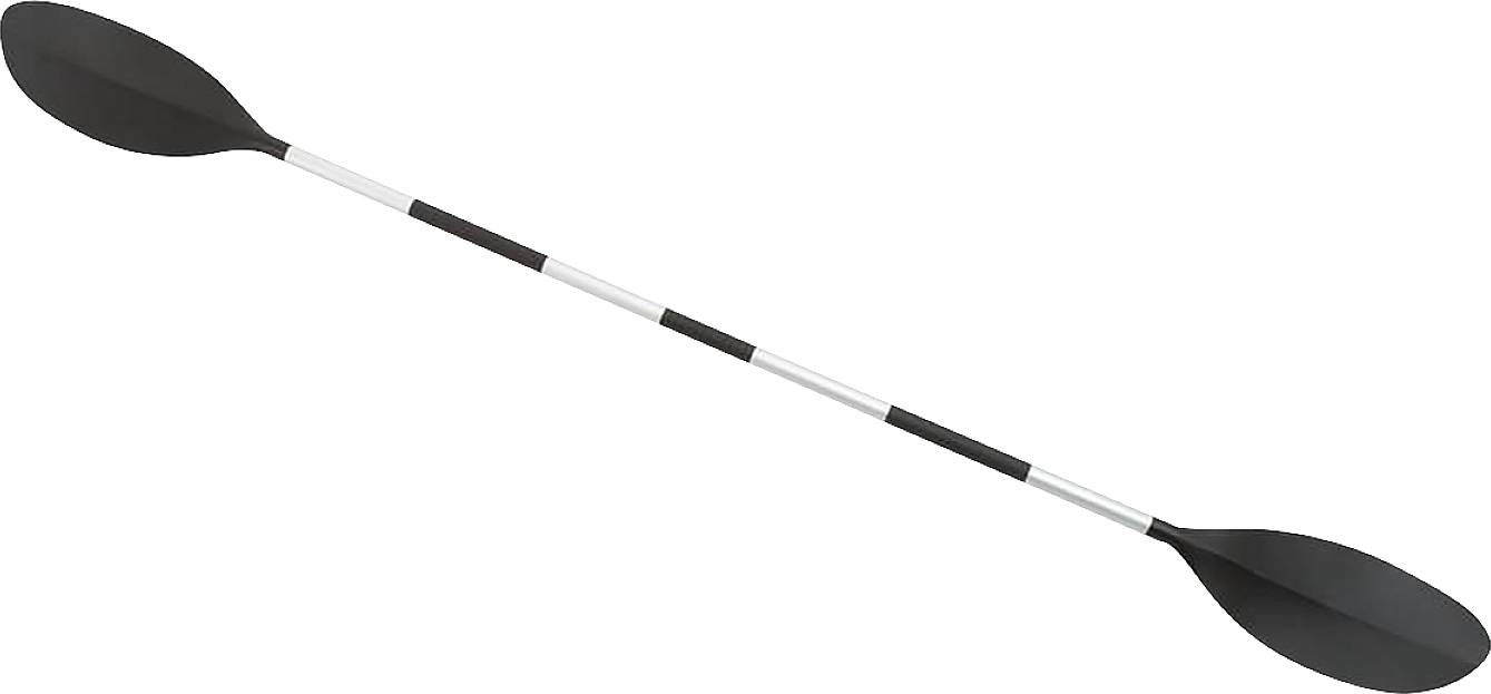 A black double-paddle with a white aluminium handle, suitable for kayaking.