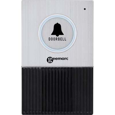 Grey-black doorbell with illuminated ring and bell symbol, with the text 'DOORBELL' underneath and the 'Geemarc' logo.