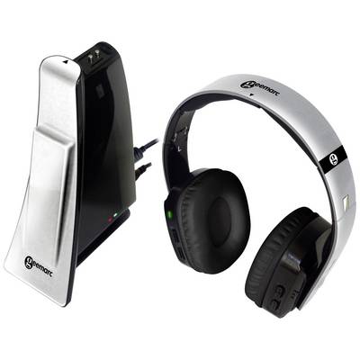 Funk headphones with charging station. Silver and Black. Suitable for wireless audio transmission. Charging indicator visible on the station.