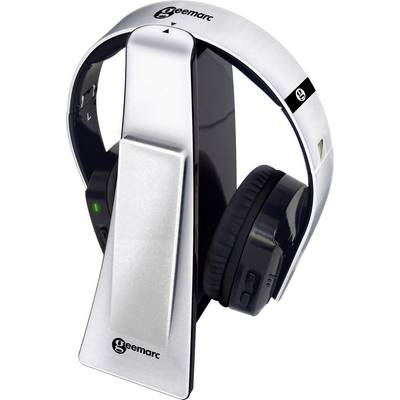 Wireless headphone set with base station. Likely charged or in use. Black and white colour combination.