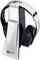 Wireless headphone set with base station. Likely charged or in use. Black and white colour combination.