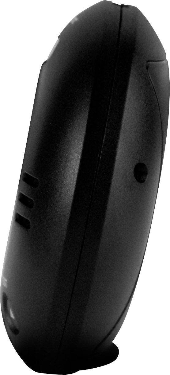 A black, portable speaker from the side view.