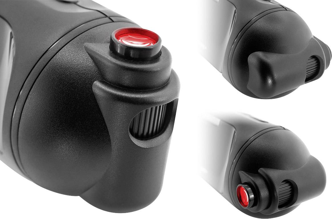 A black handle of a device with a red button and ridging on the side. Multiple views show details of the design and surface.