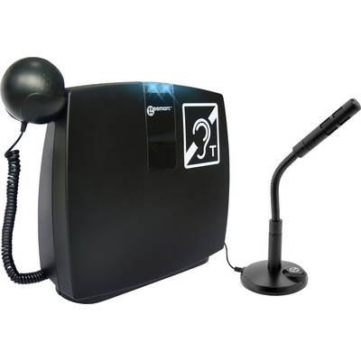 A black device with a blue light and a hearing impairment symbol displayed on it. A small microphone sits beside it.